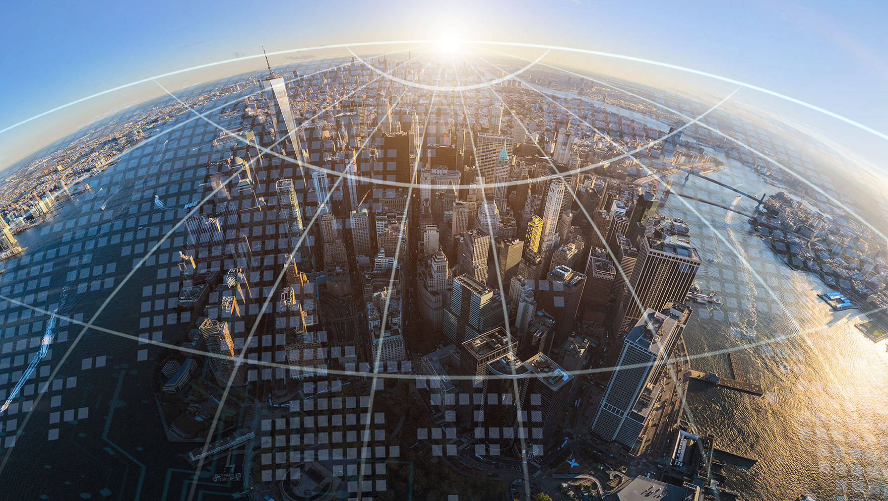 A panoramic view of a dense urban cityscape with a digital grid overlay, illustrating themes of smart cities, digital integration, and advanced mapping technologies.