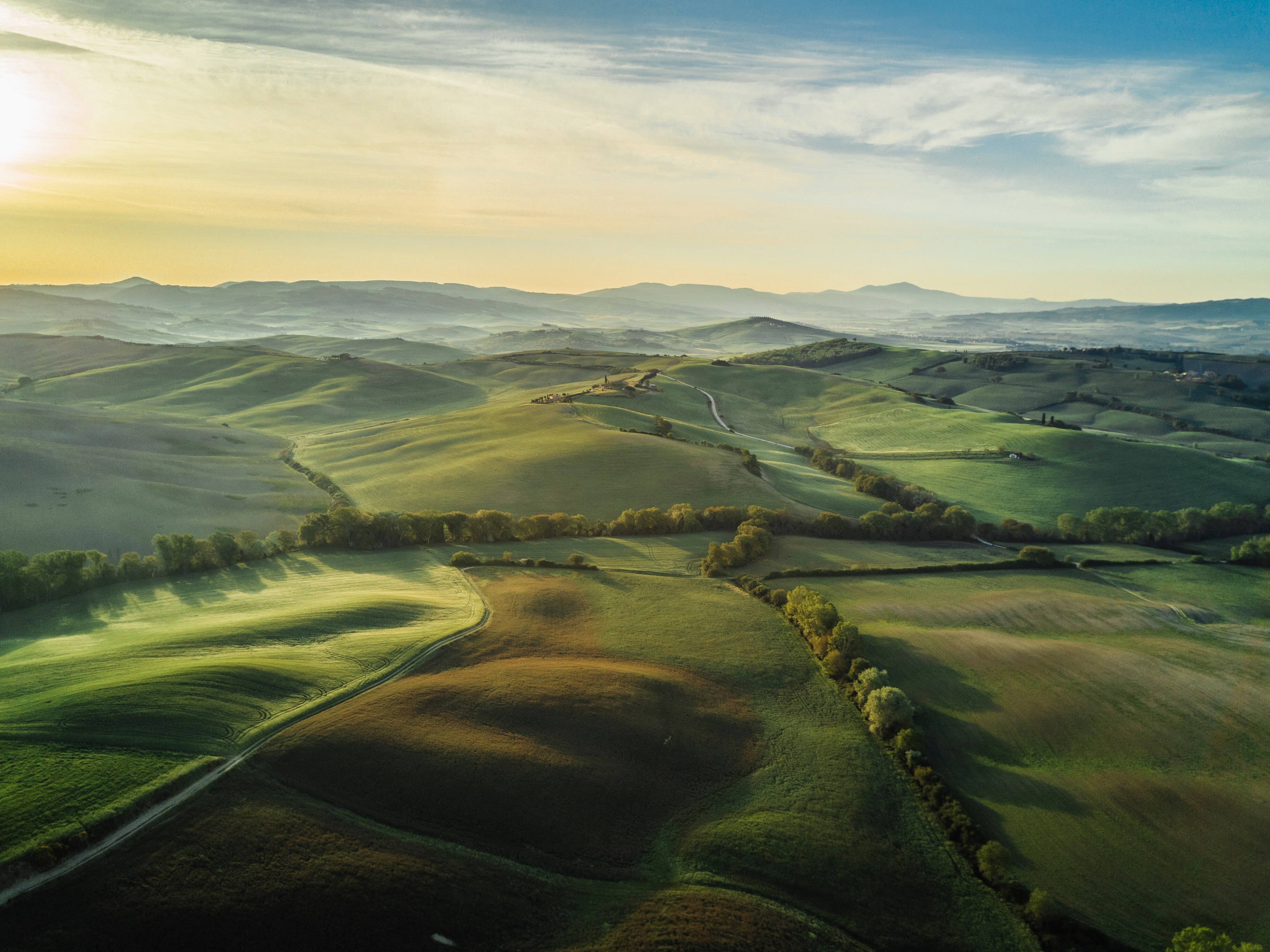 A vast, rolling landscape with gentle hills and fields, bathed in soft golden light, emphasizing themes of sustainability and the balance between agriculture and nature.